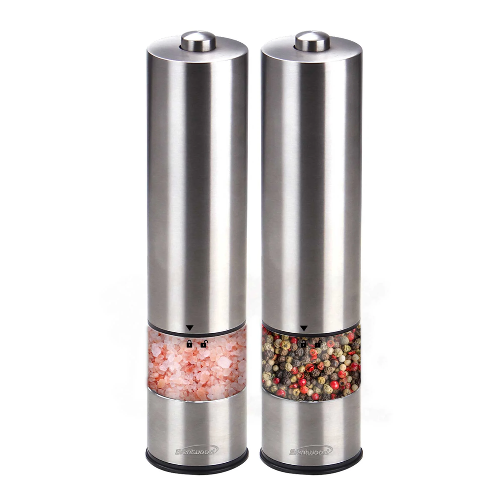 BRENTWOOD ELECTRIC BLUE LED ADJUSTABLE SALT AND PEPPER GRINDERS - SS