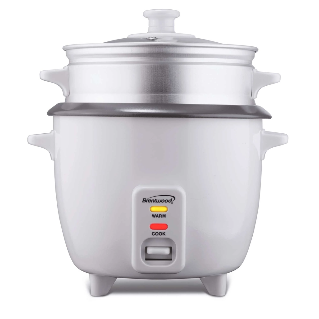BRENTWOOD RICE COOKER 8 CUPS UNCOOKED/16 CUPS COOKED NON-STICK W/STEAMER, WHITE
